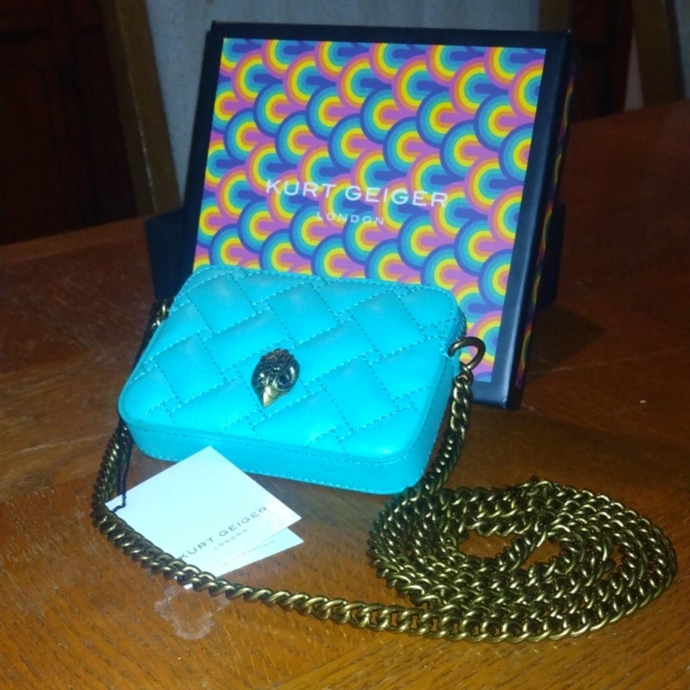 Kurt Geiger Turquoise Quilted Mini Bag with Gold Chain With Box And Tags